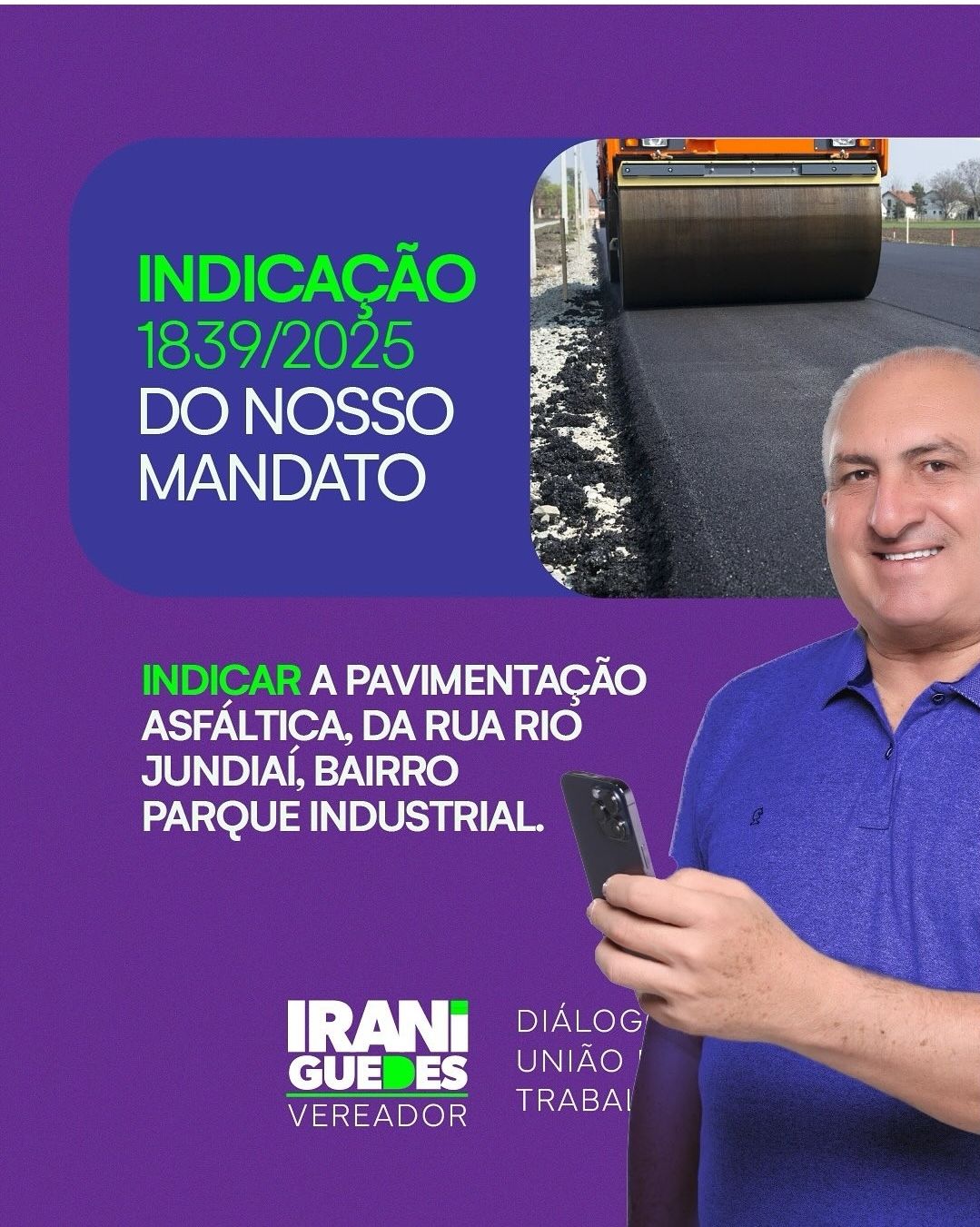 Vereador Irani Guedes pleiteia pavimentação asfáltica para a Rua Rio Jundiaí
