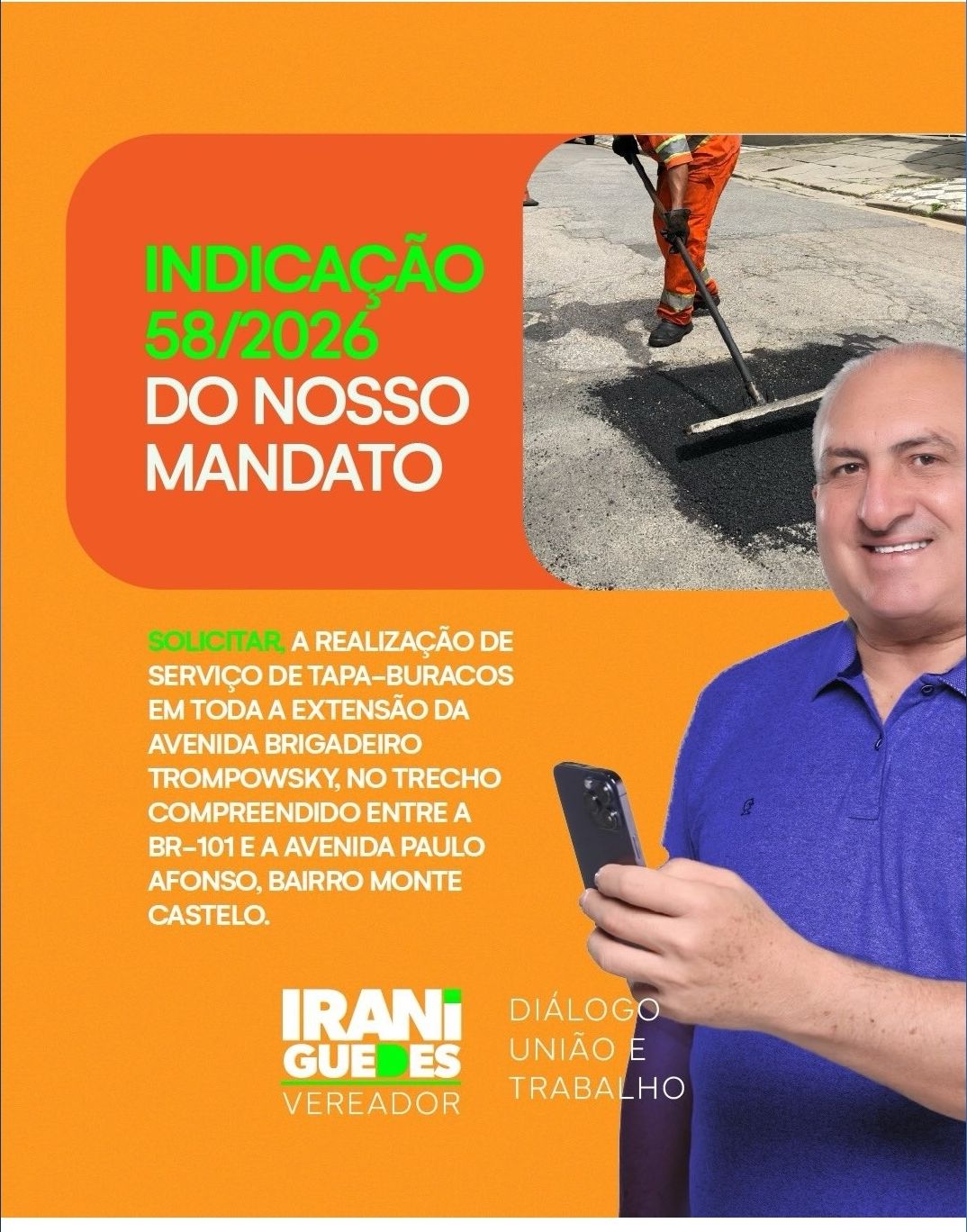 Vereador Irani Guedes requer operação tapa-buraco na Avenida Brigadeiro Trompowsky