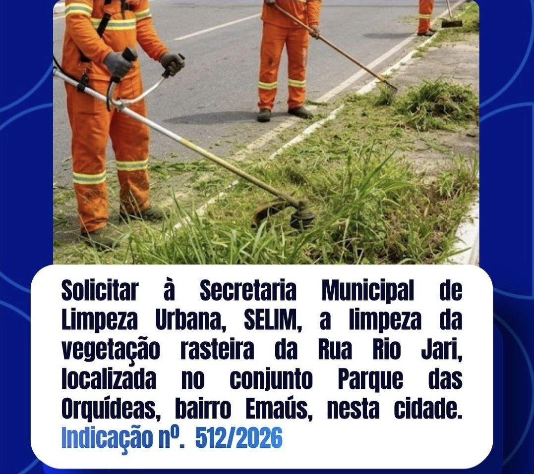 Vereador Afrânio Bezerra solicita limpeza da vegetação rasteira na Rua Rio Jari, no Parque das Orquídeas, em Emaús